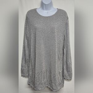 Jaclyn Smith Acrylic Metallic Silver Sweater Long Sleeves Cut Outs Scalloped XL